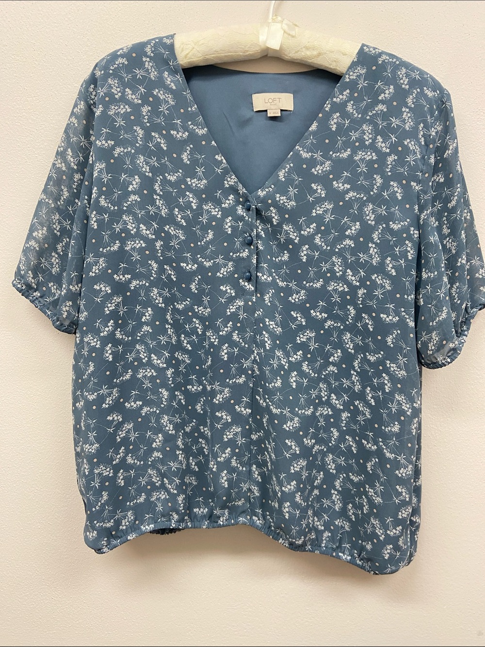 LOFT Dusty Blue Floral V-Neck Button-Front Blouse